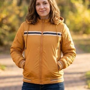 House & Shields Mustard Yellow Hooded Puffer Jacket Retro Striped Hippie 70s Y2K